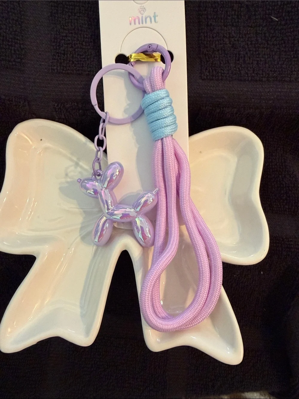 Mint Pastel Balloon Dog Keychain with Lavender Tassel & Light Blue Wrap